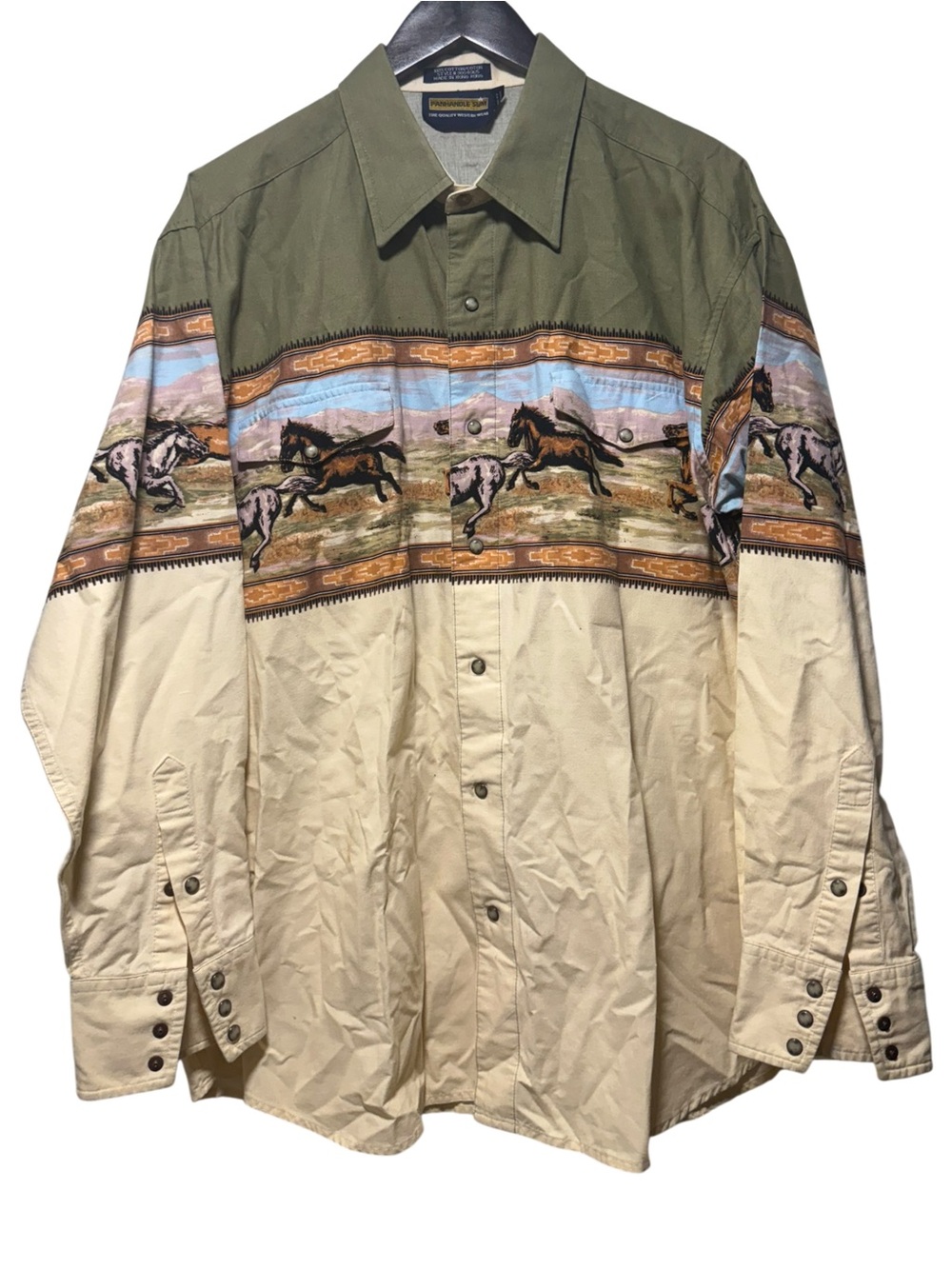 VTG 90s Panhandle Slim Aztec Horses Shirt Pearl Snap Western White Green Mens XL